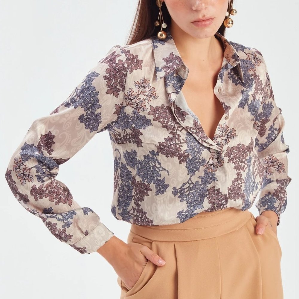 Tree Patterned Loose Silk Shirt - Beige
